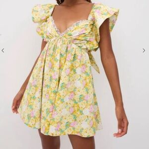 FOR LOVE AND LEMONS yellow floral mini sundress with back tie detail - size S
